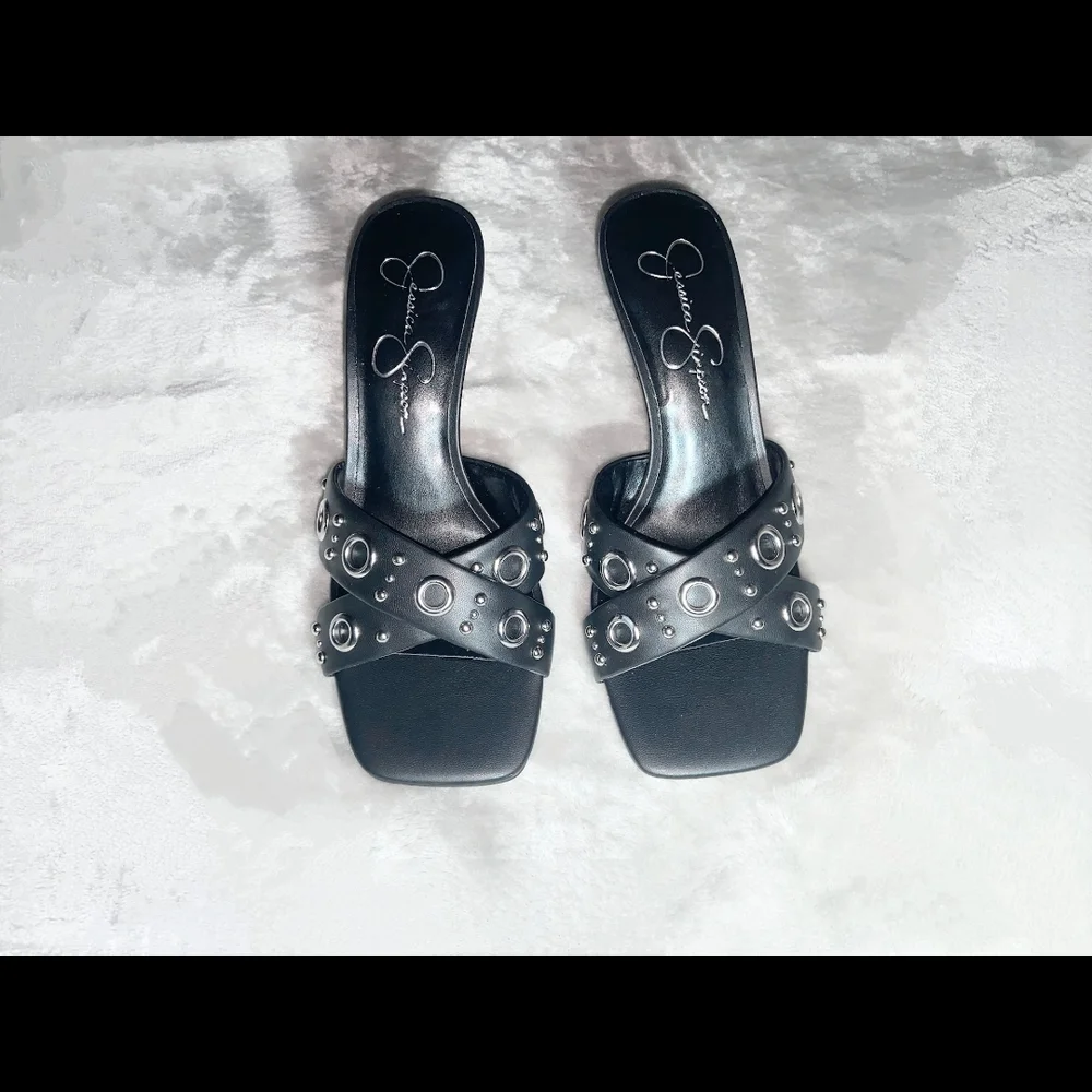 *SOLD* Jessica Simpson Grommet/Studded Black Qemette Heels - Picture 2 of 5